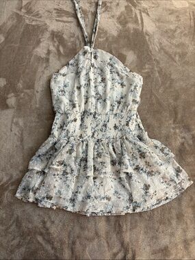 TCEC Cream Halter Ruffle Dress with Blue & Brown Floral Print